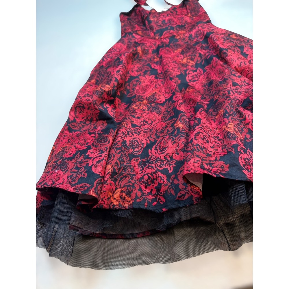 Hot Topic Red Rose Floral Halter Dress Black Tulle Rockabilly Goth‎ Small Pin Up - Picture 3 of 7